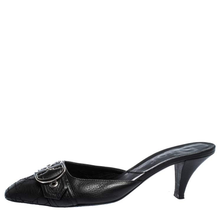 Pre Owned Dior Black Quilted Leather Buckle Detail Mules Size 37.5