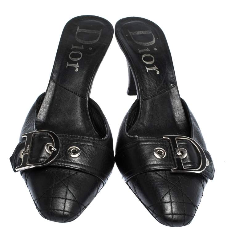 Pre Owned Dior Black Quilted Leather Buckle Detail Mules Size 37.5