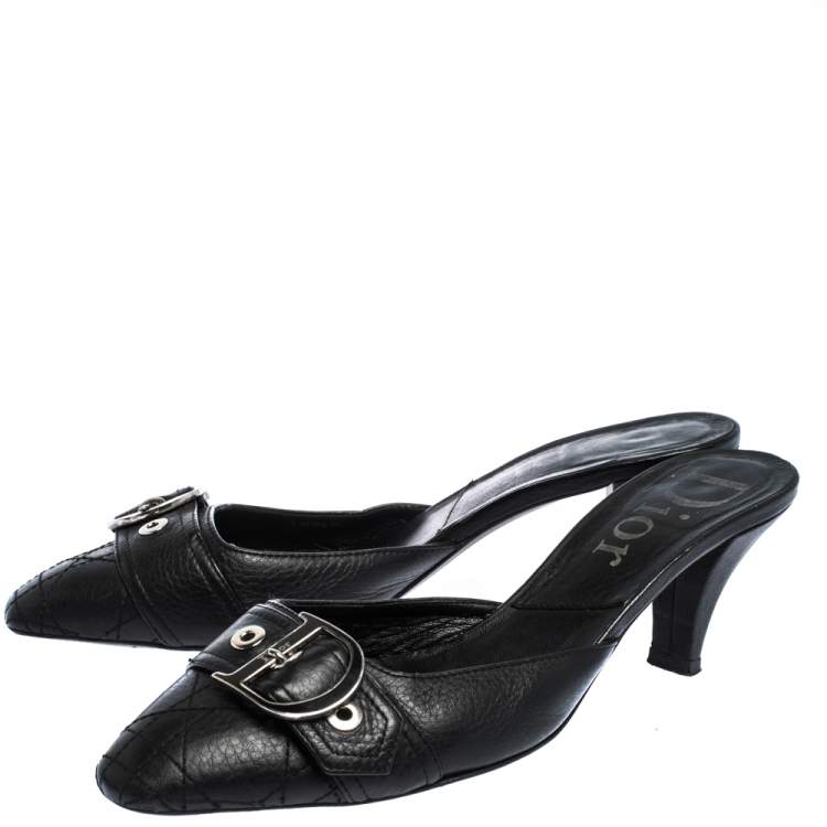Pre Owned Dior Black Quilted Leather Buckle Detail Mules Size 37.5