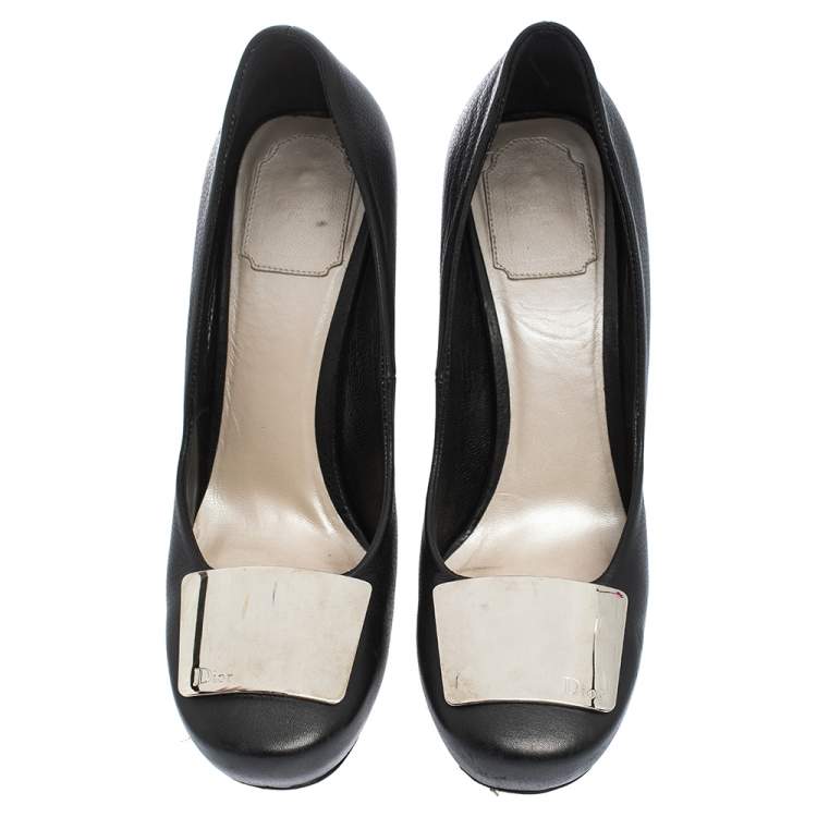 Pre Owned Dior Black Leather Logo Plaque Detail Round Toe Pumps Size 39.5