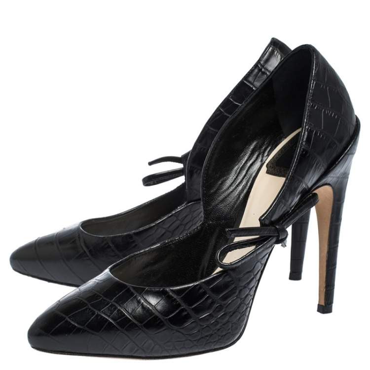 Pre Owned Dior Black Croc Embossed Leather Bow Embellished Pointed Toe Pumps Size 38