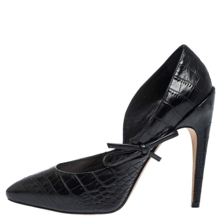 Pre Owned Dior Black Croc Embossed Leather Bow Embellished Pointed Toe Pumps Size 38