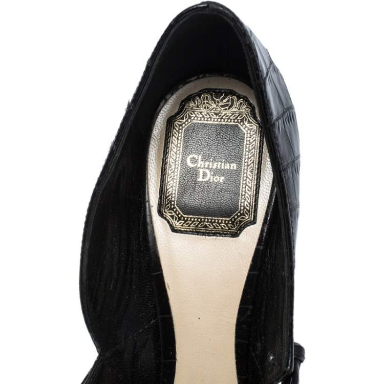 Pre Owned Dior Black Croc Embossed Leather Bow Embellished Pointed Toe Pumps Size 38