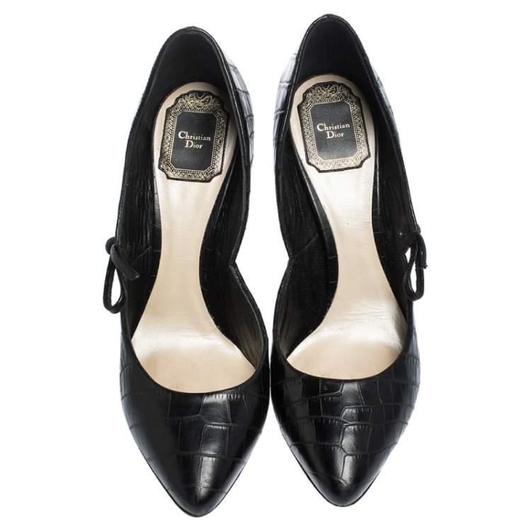 Pre Owned Dior Black Croc Embossed Leather Bow Embellished Pointed Toe Pumps Size 38