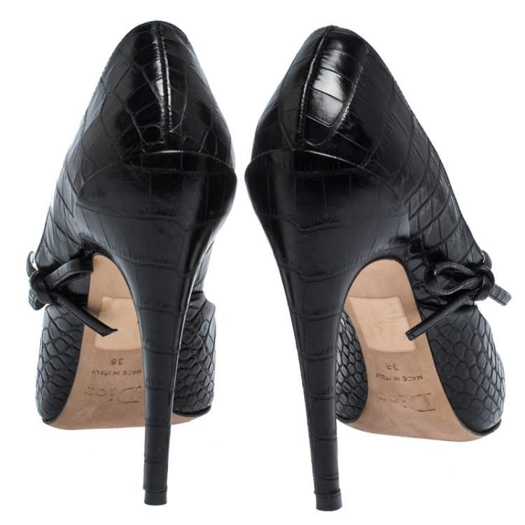 Pre Owned Dior Black Croc Embossed Leather Bow Embellished Pointed Toe Pumps Size 38
