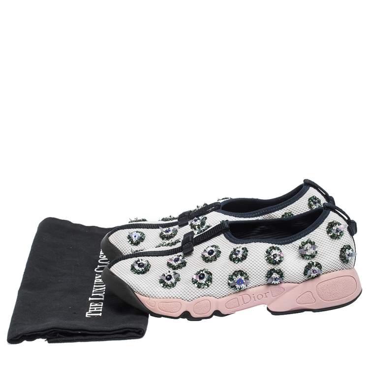 Pre Owned Dior White/Blue Sequins Embellished Mesh Fusion Slip On Sneakers Size 37.5