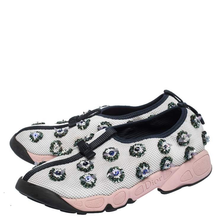 Pre Owned Dior White/Blue Sequins Embellished Mesh Fusion Slip On Sneakers Size 37.5