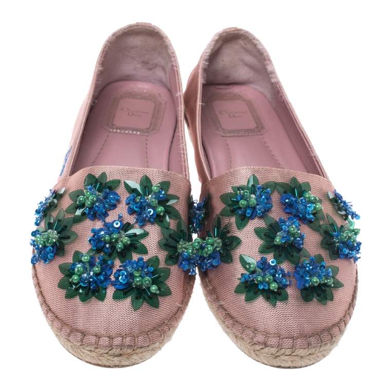 Pre Owned Dior Blush Pink Embellished Fabric Espadrilles Size 37