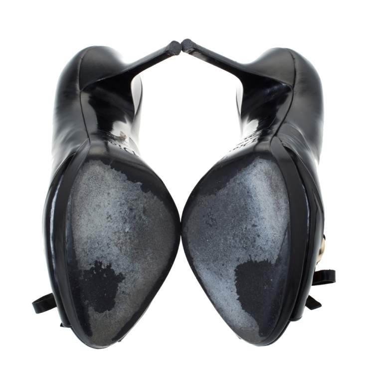 Pre Owned Dior Black Leather Bow Chain Detail Peep Toe Pumps Size 39.5