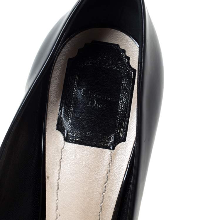 Pre Owned Dior Black Leather Bow Chain Detail Peep Toe Pumps Size 39.5