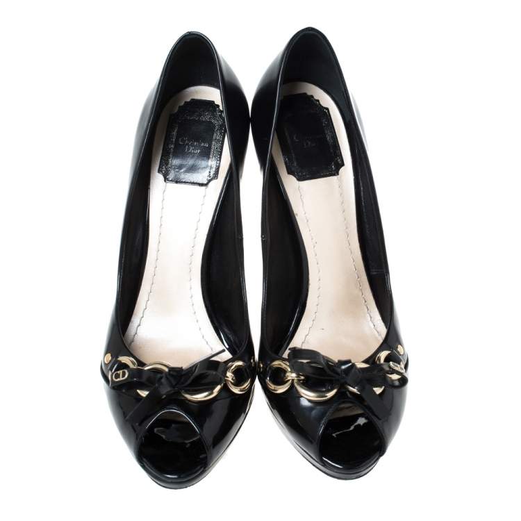 Pre Owned Dior Black Leather Bow Chain Detail Peep Toe Pumps Size 39.5