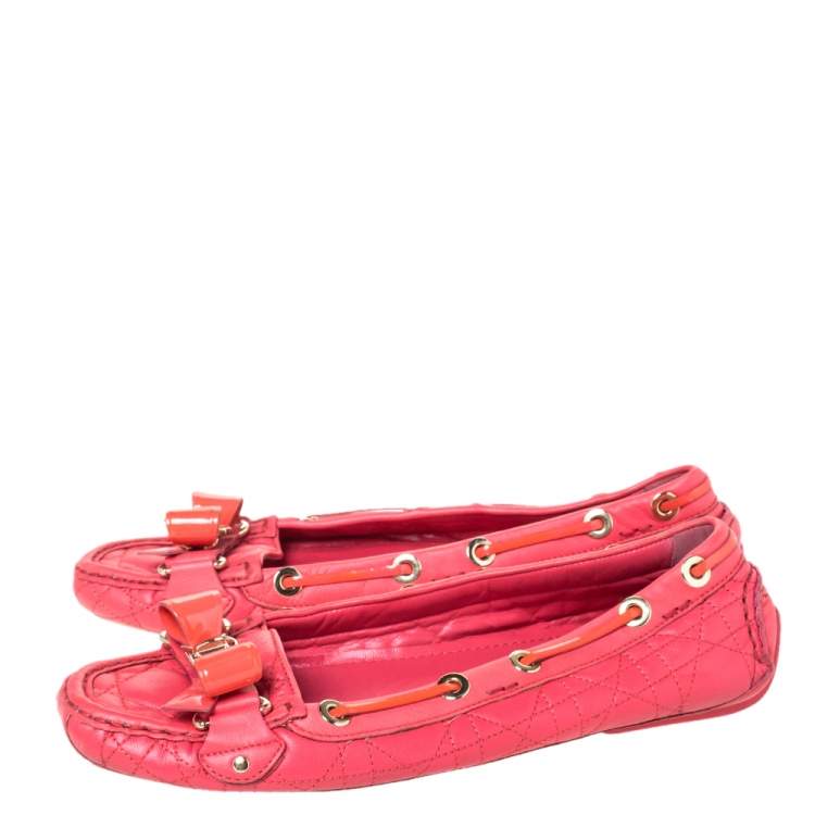 Pre Owned Dior Cerise Pink Cannage Leather Bow Ballet Flats Size 38.5