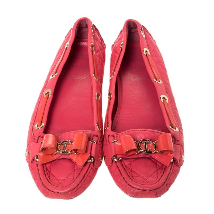 Pre Owned Dior Cerise Pink Cannage Leather Bow Ballet Flats Size 38.5