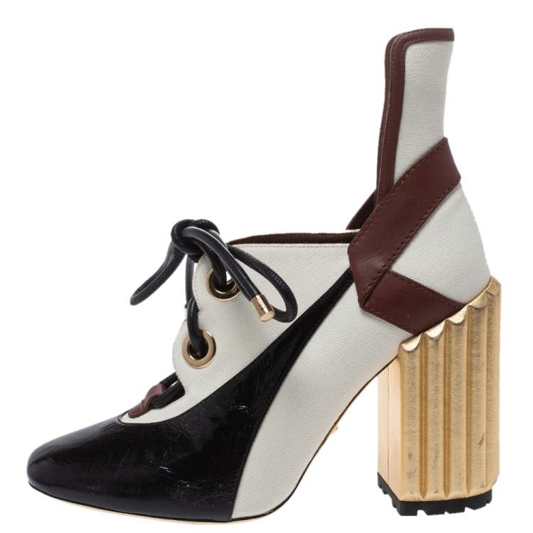 Pre Owned Dior Tricolor Patent Leather And Canvas Glorious Lace-Up Ankle Booties Size 38