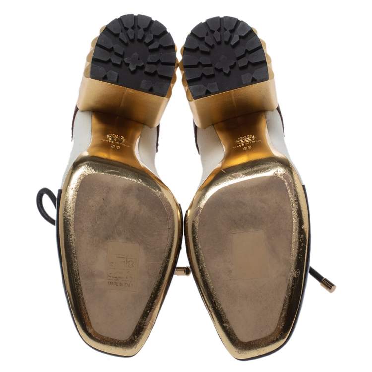 Pre Owned Dior Tricolor Patent Leather And Canvas Glorious Lace-Up Ankle Booties Size 38