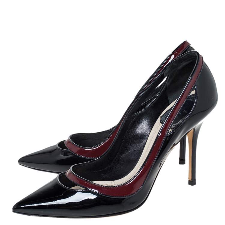 Pre Owned Dior Black/Red Patent Leather Cut Out Pointed Toe Pumps Size 36