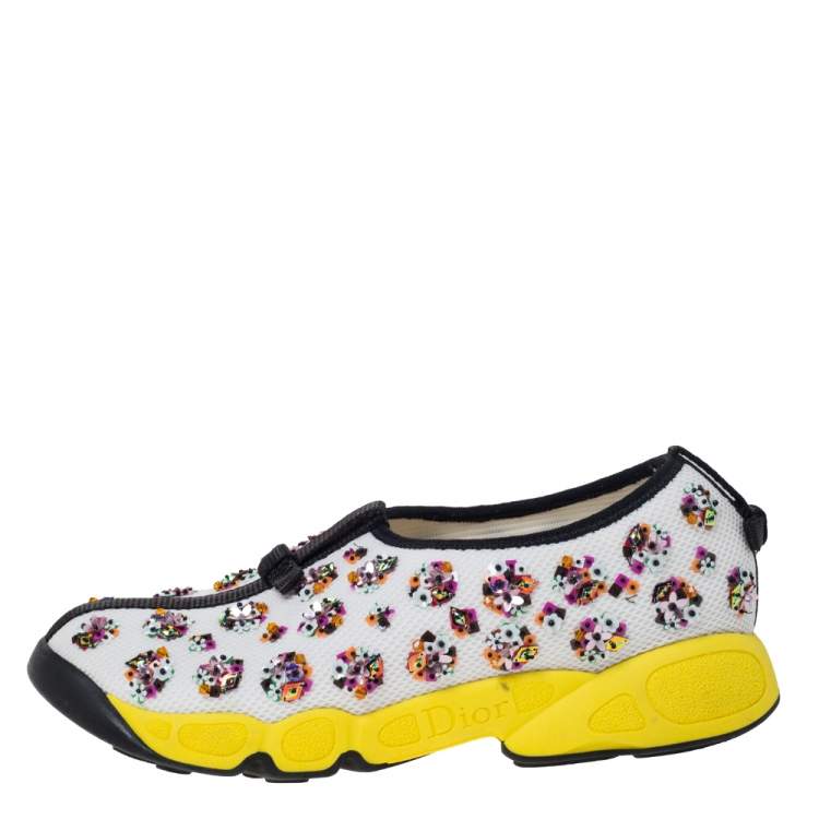 Pre Owned Dior White Mesh Fusion Floral Embellished Slip On Sneakers Size 38