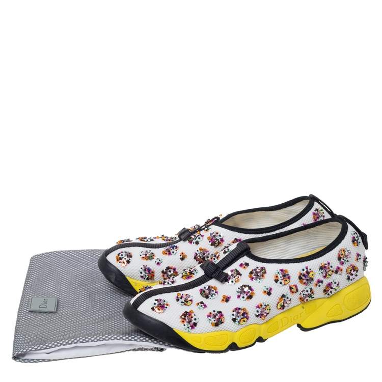 Pre Owned Dior White Mesh Fusion Floral Embellished Slip On Sneakers Size 38