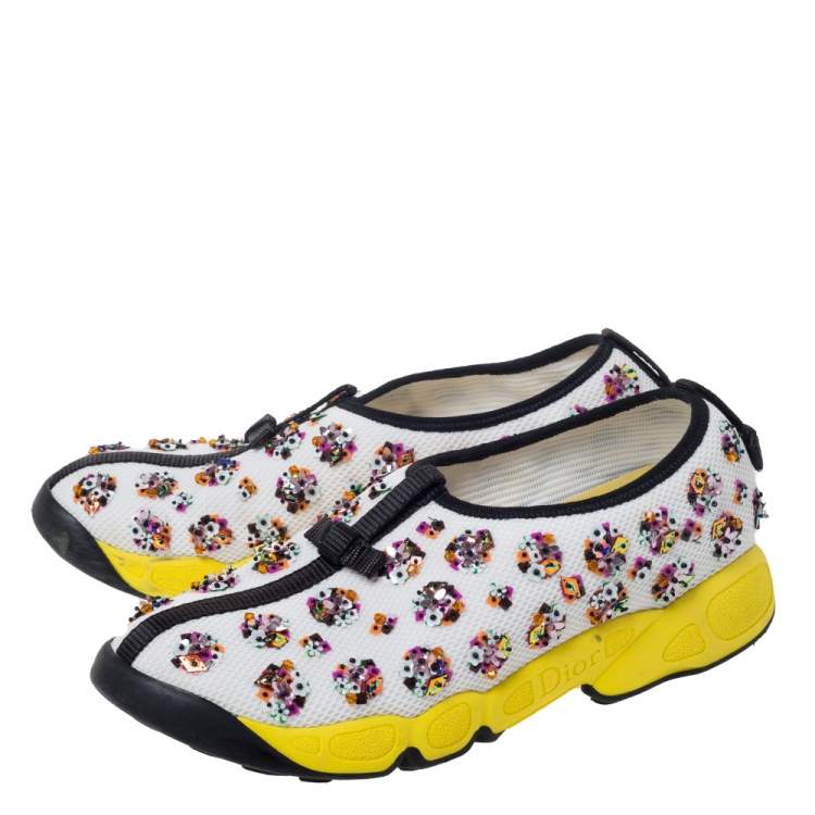 Pre Owned Dior White Mesh Fusion Floral Embellished Slip On Sneakers Size 38