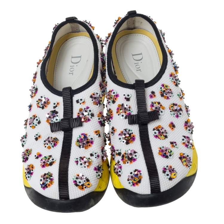 Pre Owned Dior White Mesh Fusion Floral Embellished Slip On Sneakers Size 38