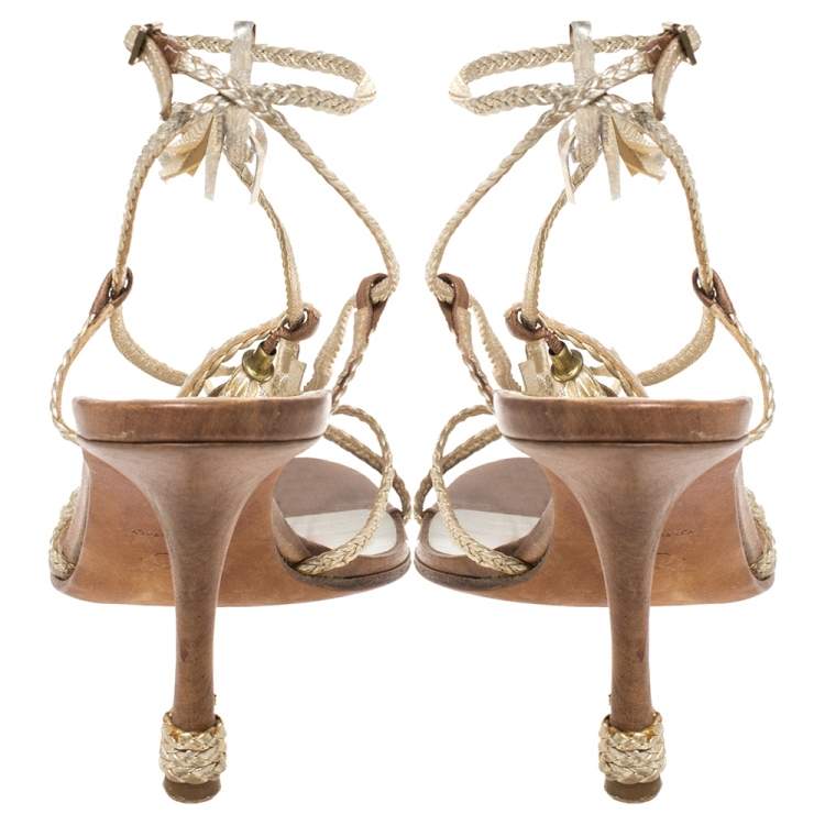 Pre Owned Dior Metallic Gold Woven Leather Strappy Ankle Strap Sandals Size 37