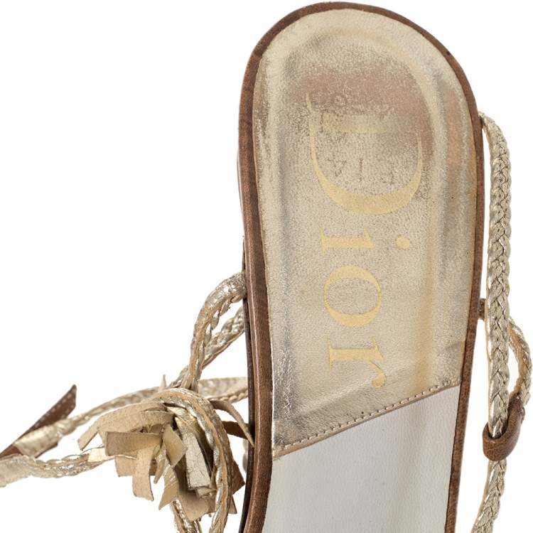 Pre Owned Dior Metallic Gold Woven Leather Strappy Ankle Strap Sandals Size 37