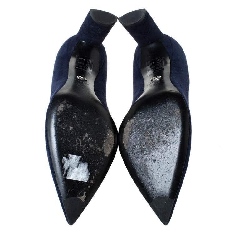 Pre Owned Dior Blue Suede CD Logo Chain Embellished Pointed Toe Pumps Size 38.5
