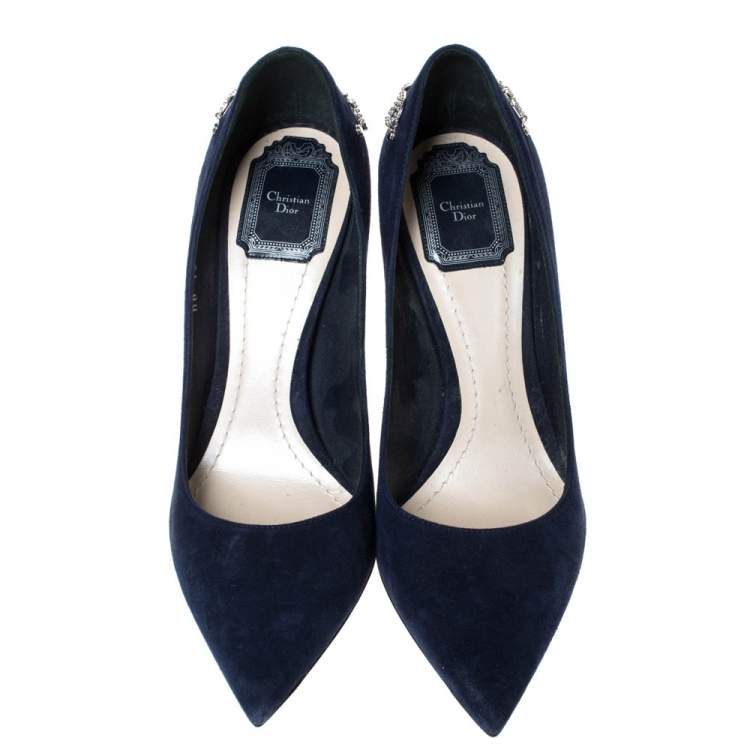 Pre Owned Dior Blue Suede CD Logo Chain Embellished Pointed Toe Pumps Size 38.5