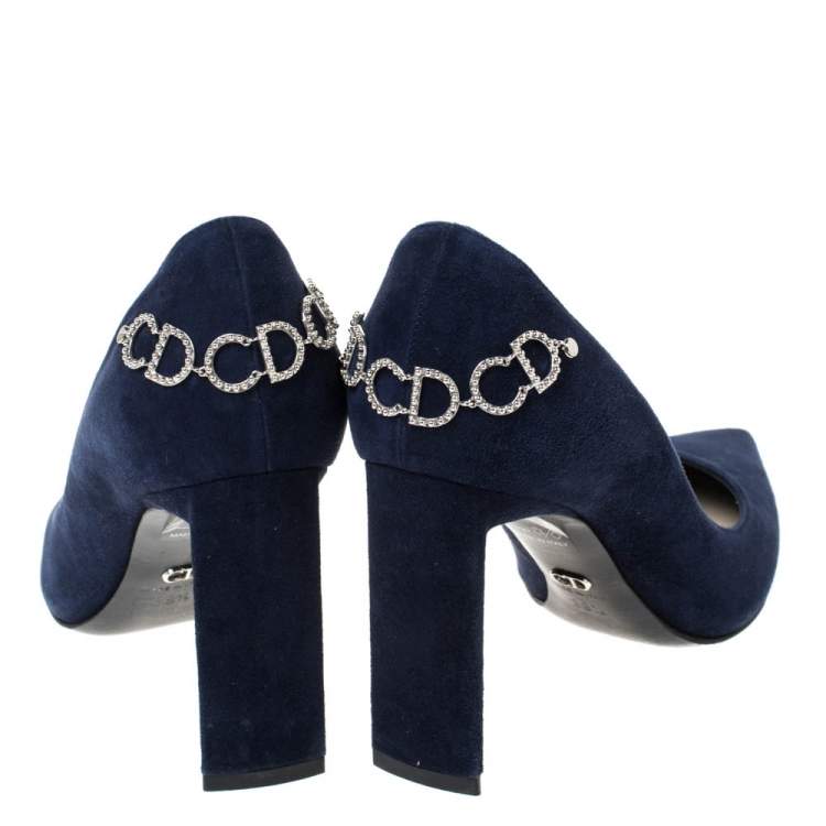 Pre Owned Dior Blue Suede CD Logo Chain Embellished Pointed Toe Pumps Size 38.5