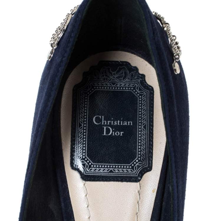 Pre Owned Dior Blue Suede CD Logo Chain Embellished Pointed Toe Pumps Size 38.5