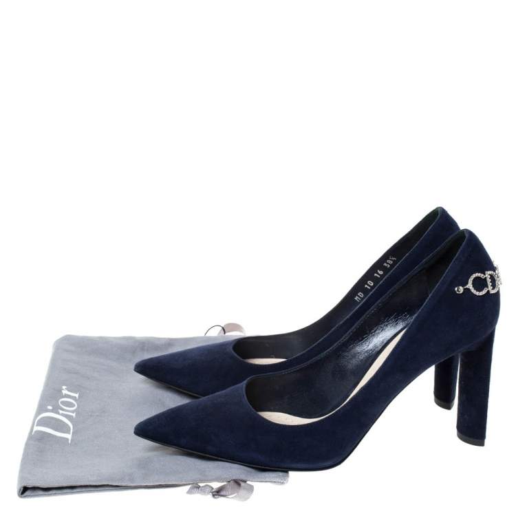 Pre Owned Dior Blue Suede CD Logo Chain Embellished Pointed Toe Pumps Size 38.5