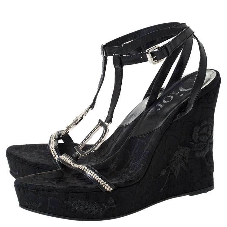 Pre Owned Dior Black Leather And Flower Embroidered Diorissima Canvas Wedge Strappy Sandals Size 38