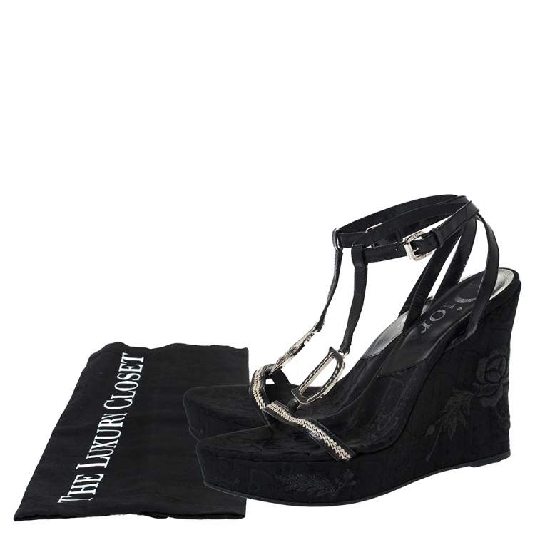 Pre Owned Dior Black Leather And Flower Embroidered Diorissima Canvas Wedge Strappy Sandals Size 38