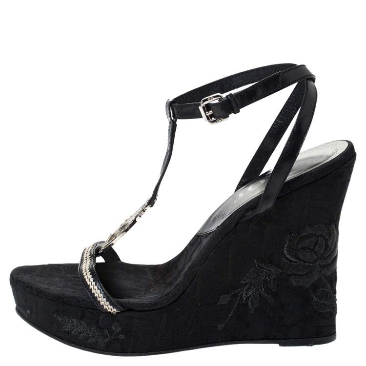 Pre Owned Dior Black Leather And Flower Embroidered Diorissima Canvas Wedge Strappy Sandals Size 38