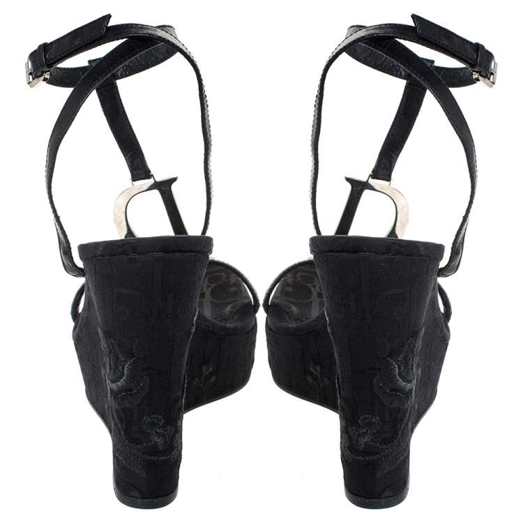 Pre Owned Dior Black Leather And Flower Embroidered Diorissima Canvas Wedge Strappy Sandals Size 38
