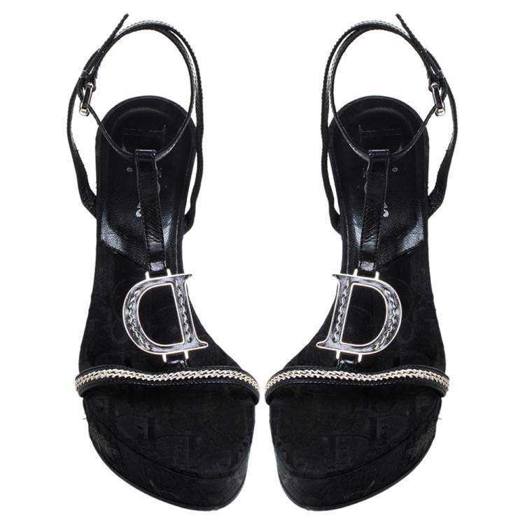 Pre Owned Dior Black Leather And Flower Embroidered Diorissima Canvas Wedge Strappy Sandals Size 38