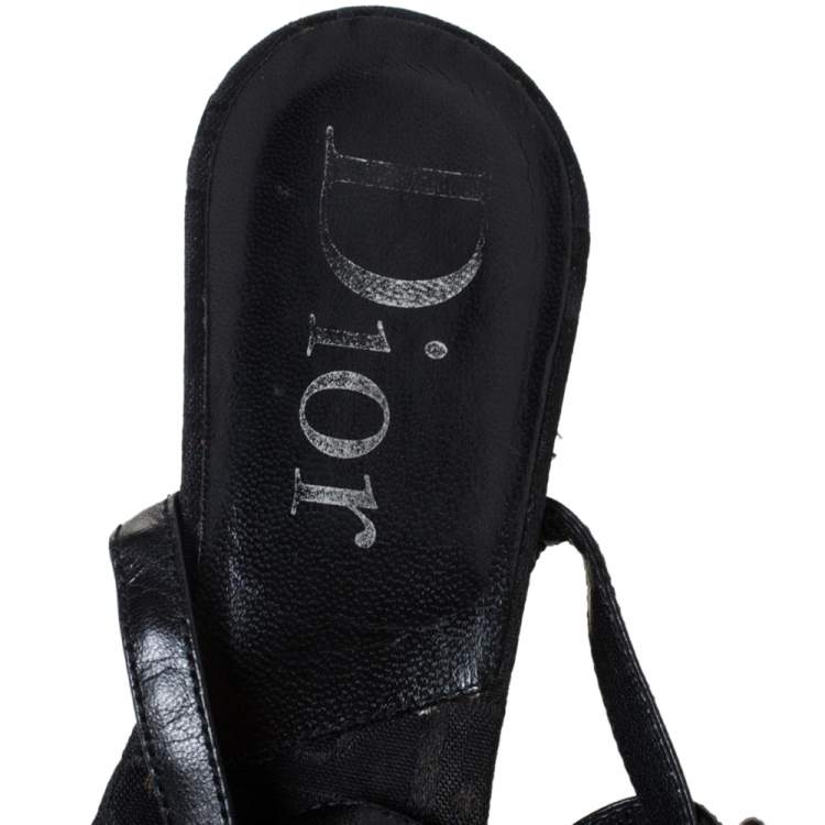Pre Owned Dior Black Leather And Flower Embroidered Diorissima Canvas Wedge Strappy Sandals Size 38