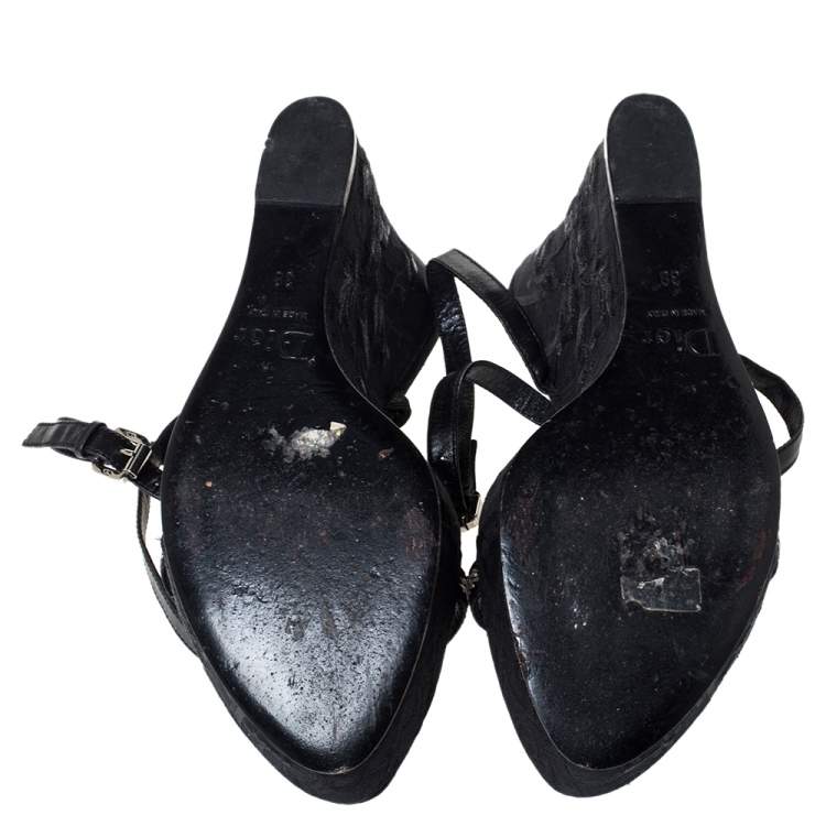 Pre Owned Dior Black Leather And Flower Embroidered Diorissima Canvas Wedge Strappy Sandals Size 38