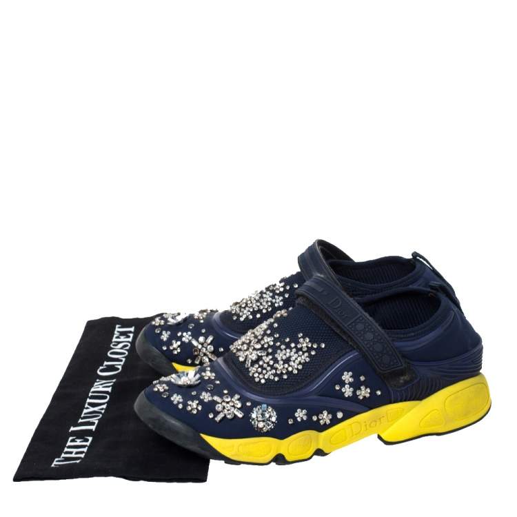 Pre Owned Dior Blue Fabric And Mesh Neoprene Fusion Embellished Low-Top Sneakers Size 39