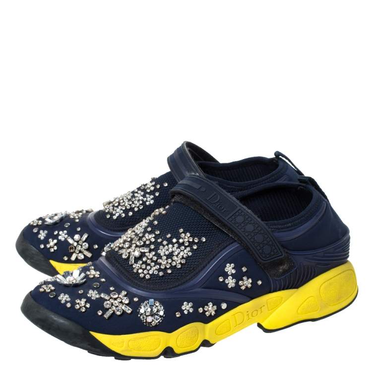 Pre Owned Dior Blue Fabric And Mesh Neoprene Fusion Embellished Low-Top Sneakers Size 39