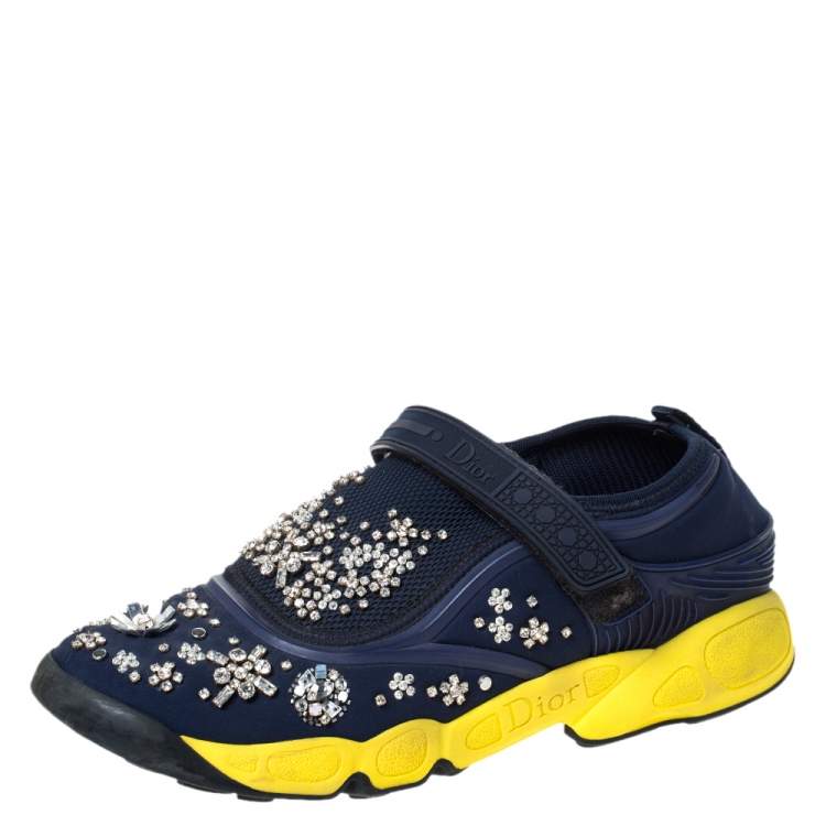 Pre Owned Dior Blue Fabric And Mesh Neoprene Fusion Embellished Low-Top Sneakers Size 39