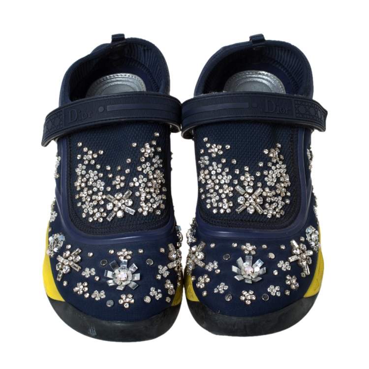Pre Owned Dior Blue Fabric And Mesh Neoprene Fusion Embellished Low-Top Sneakers Size 39