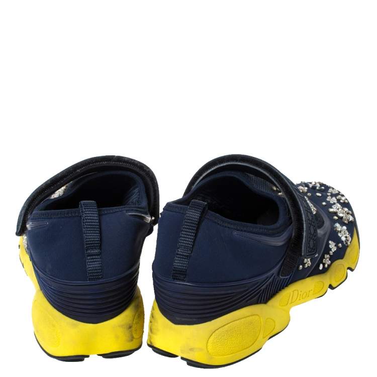 Pre Owned Dior Blue Fabric And Mesh Neoprene Fusion Embellished Low-Top Sneakers Size 39