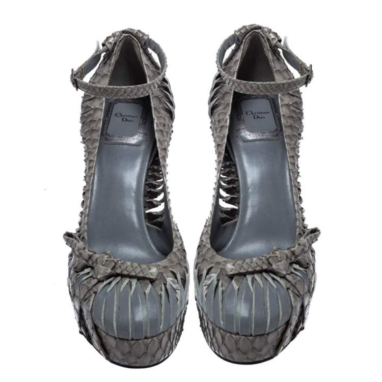 Pre Owned Dior Two Tone Python Leather Knot Bow Detail Ankle Strap Platform Pumps Size 37.5