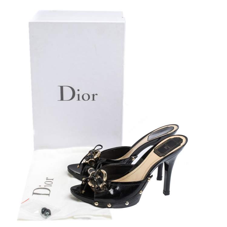 مملوكة مسبقًا Dior Black Patent Leather Embellished Bow Slides Size 37.5