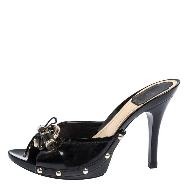 مملوكة مسبقًا Dior Black Patent Leather Embellished Bow Slides Size 37.5