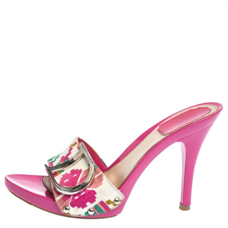 Pre Owned Dior Multicolor Printed Cotton Peep Toe Slide Clogs Size 37