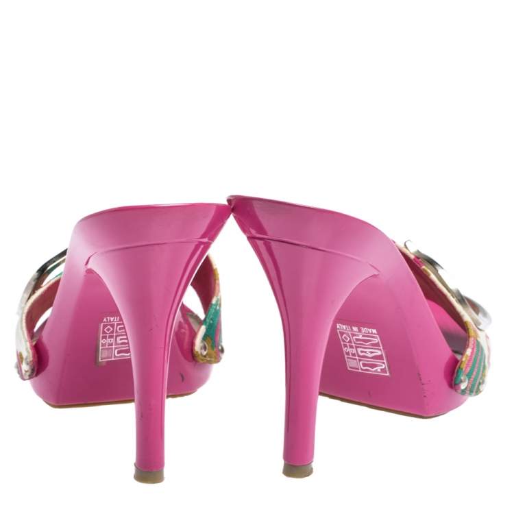 Pre Owned Dior Multicolor Printed Cotton Peep Toe Slide Clogs Size 37