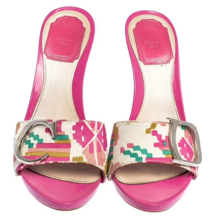 Pre Owned Dior Multicolor Printed Cotton Peep Toe Slide Clogs Size 37