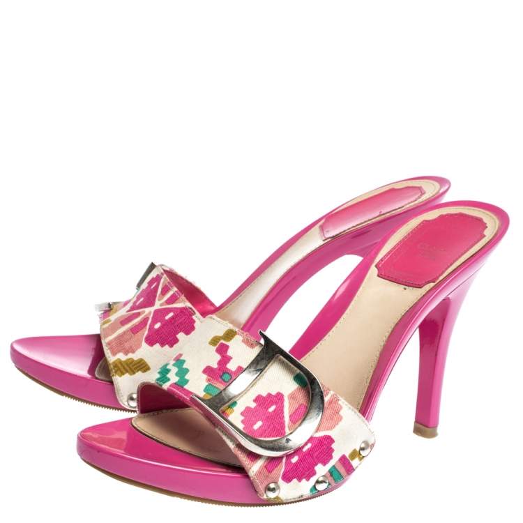 Pre Owned Dior Multicolor Printed Cotton Peep Toe Slide Clogs Size 37